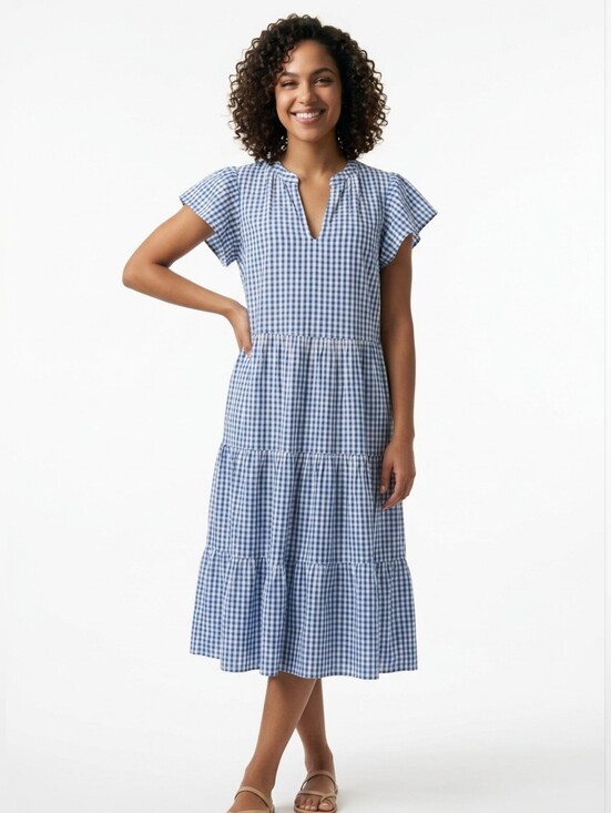 St. John's Bay Dresses & Skirts - St. John's Bay Blue and White Gingham Tiered Hi Low Midi Dress Sz L